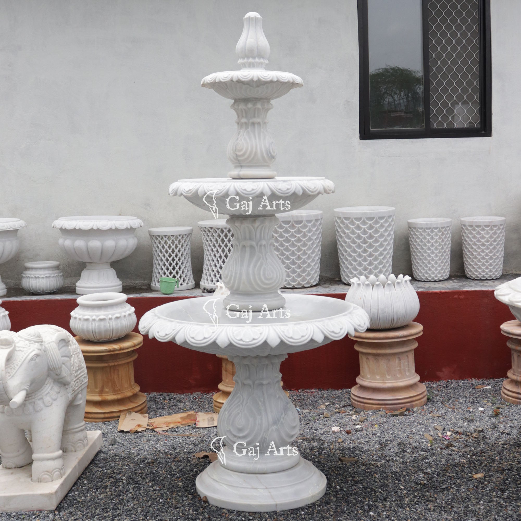 White Marble Floral Water Fountain | 88 Inch