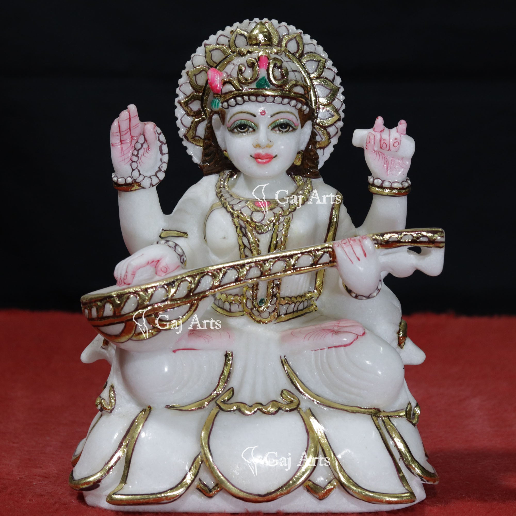 White Marble Saraswati Mata Idol | 9 Inch