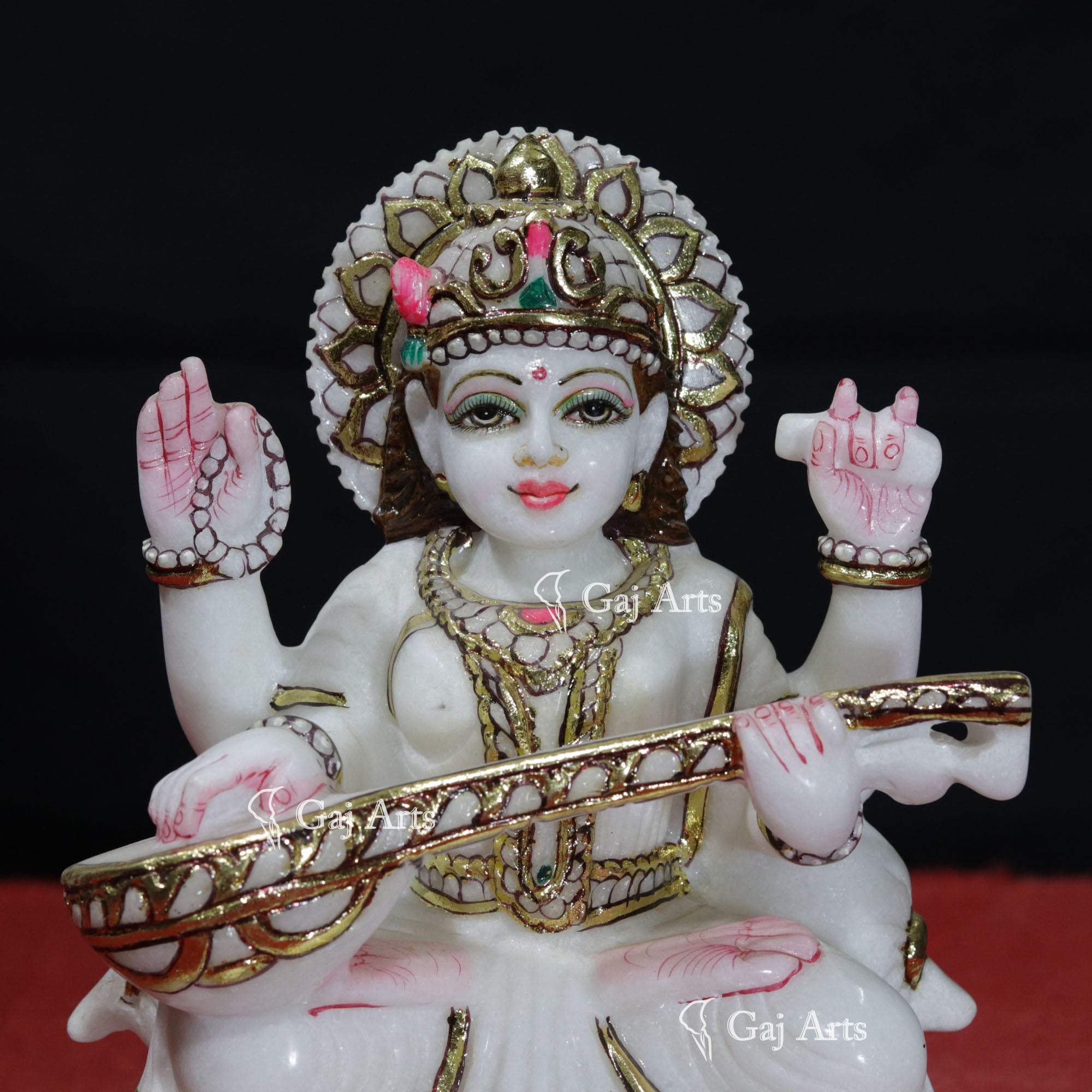 White Marble Saraswati Mata Idol | 9 Inch