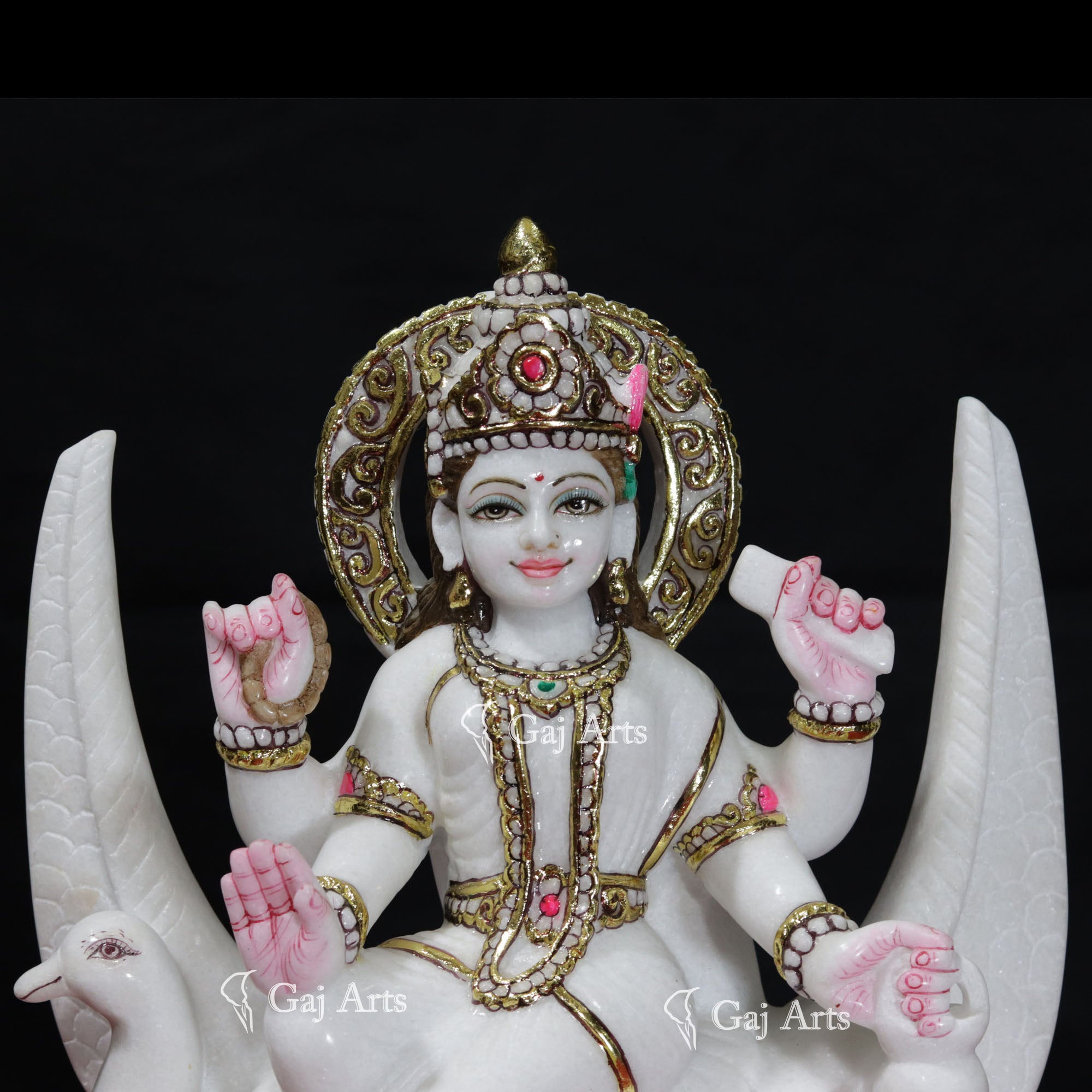 Makrana White Marble Brahmani Maa Idol with Gold Foil | 15 Inch