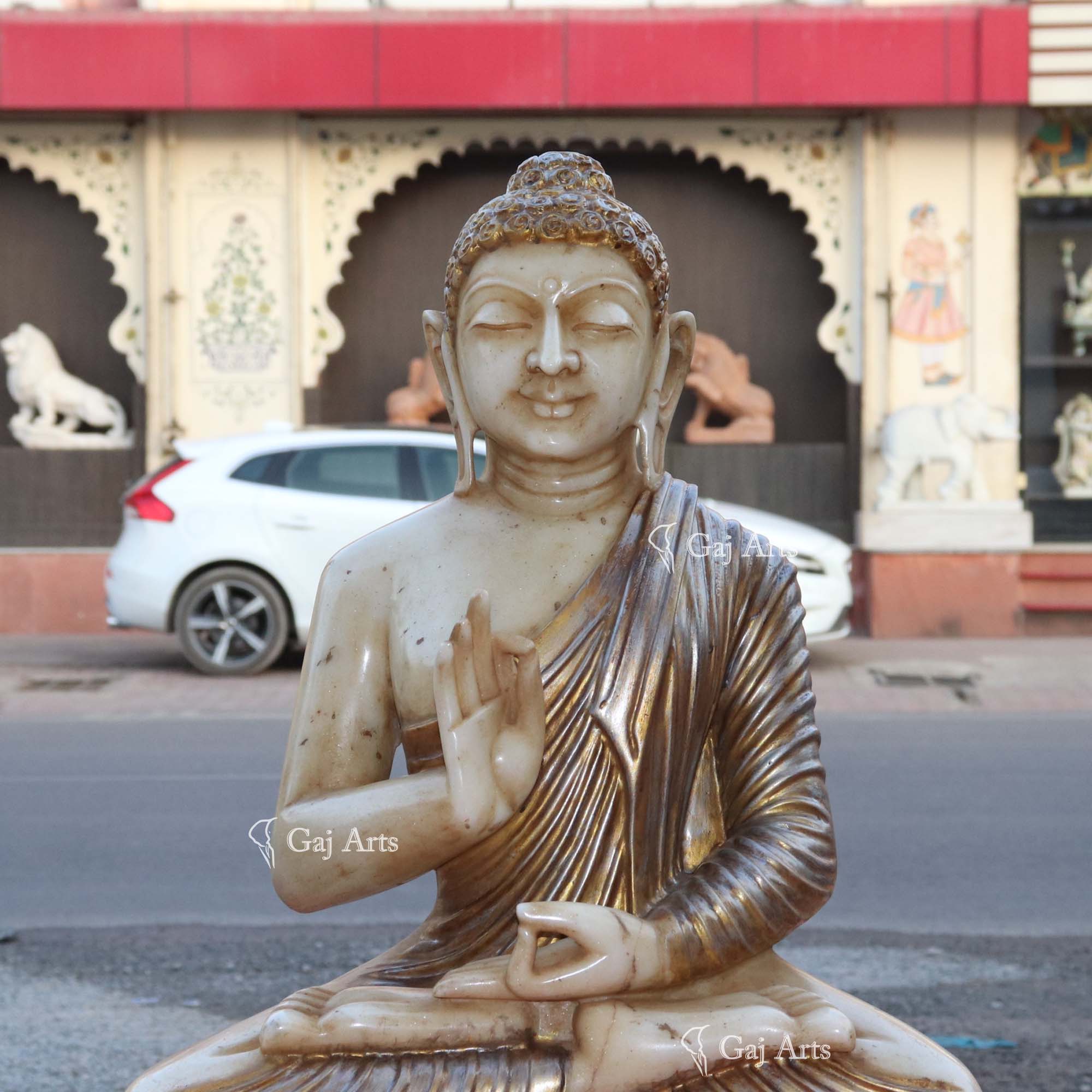 Off White Marble Sitting Buddha Statue | 24 Inch