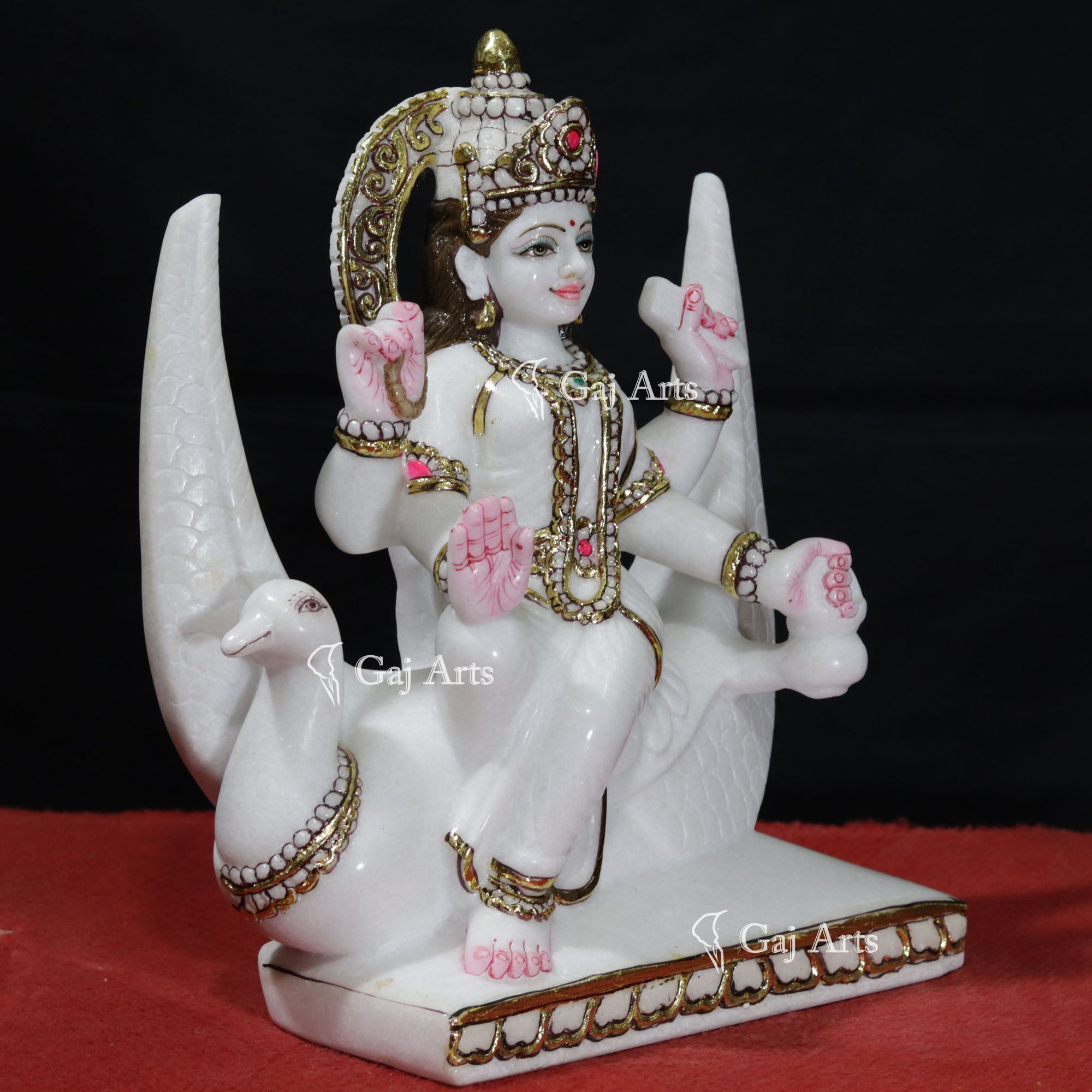 Makrana White Marble Brahmani Maa Idol with Gold Foil | 15 Inch