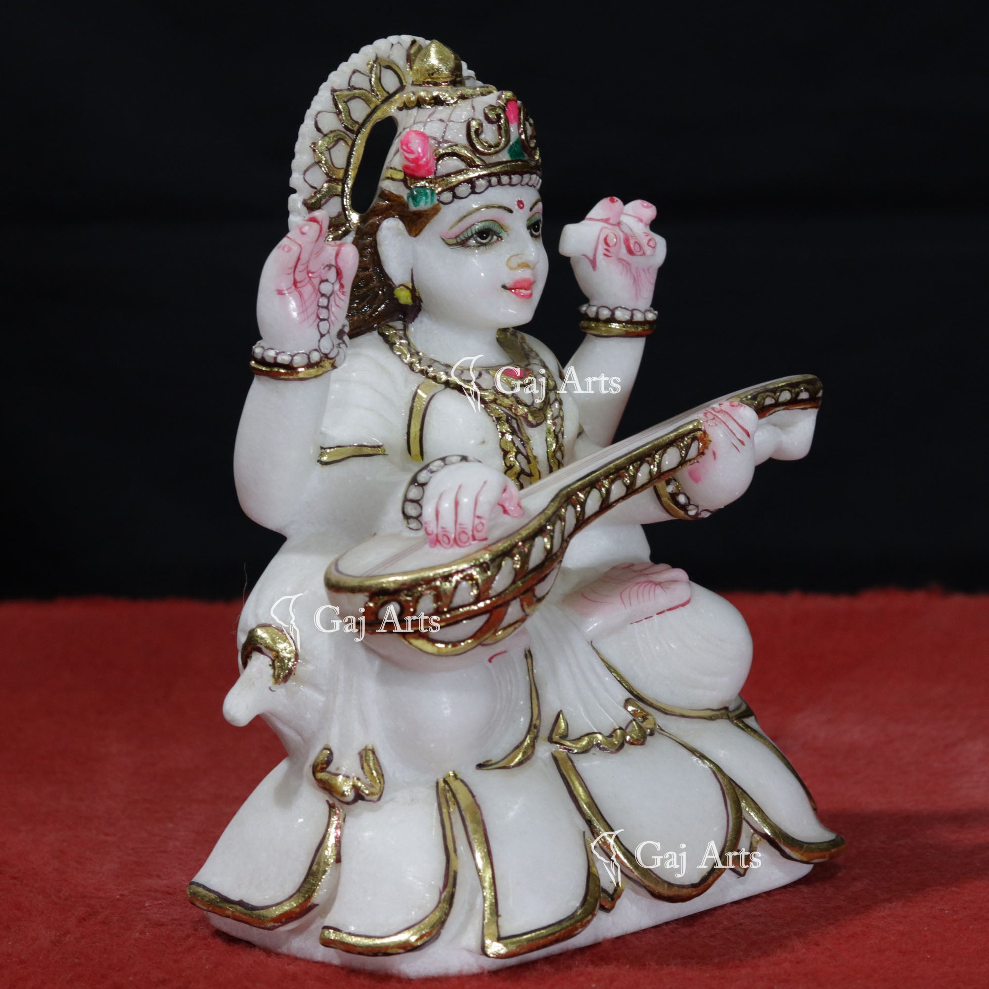 White Marble Saraswati Mata Idol | 9 Inch