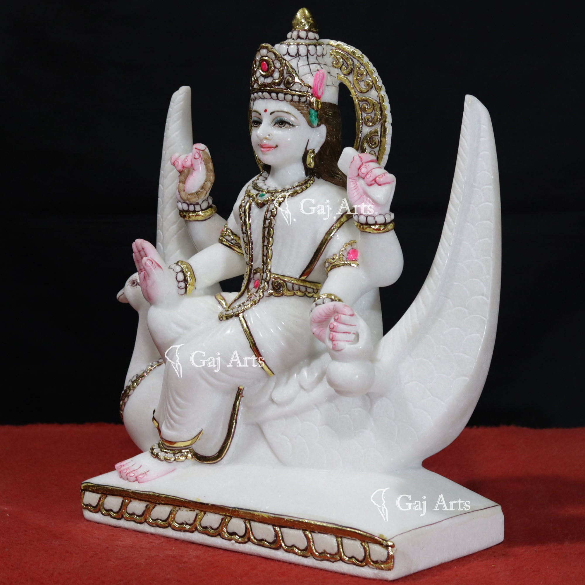 Makrana White Marble Brahmani Maa Idol with Gold Foil | 15 Inch