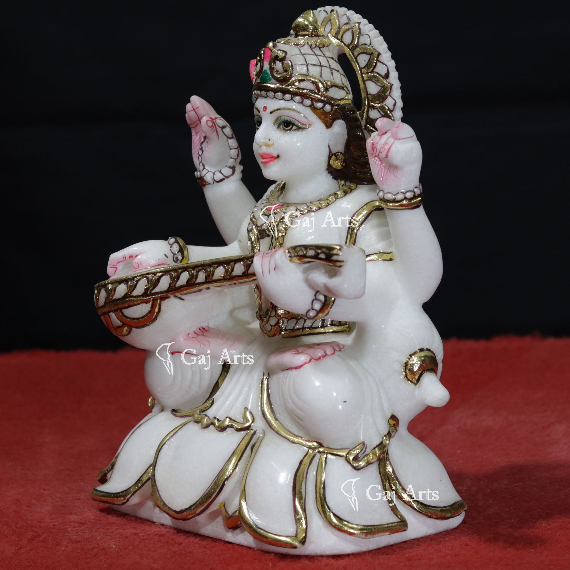 White Marble Saraswati Mata Idol | 9 Inch