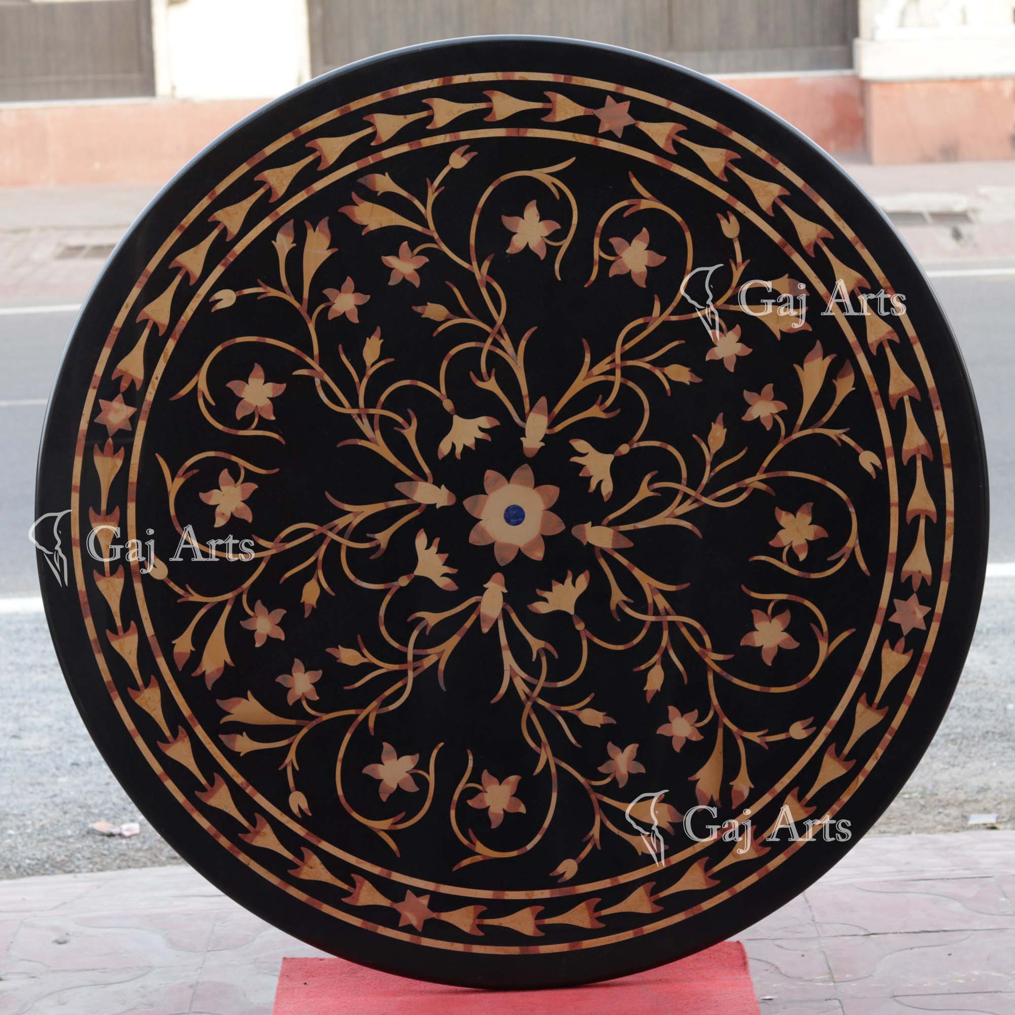 Black &amp; Jaisalmer Marble Inlay Table Top | 69 Inch