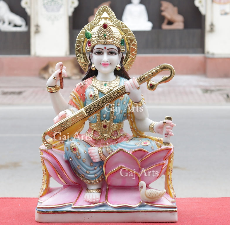 White Marble Saraswati Mata Idol | 24 Inch