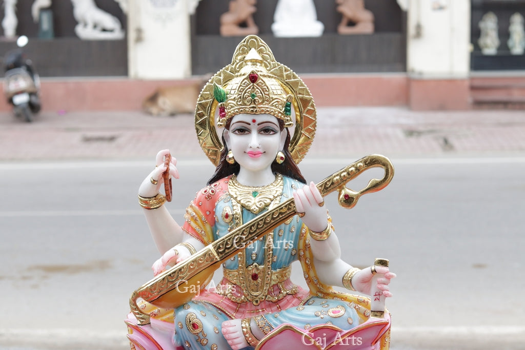 White Marble Saraswati Mata Idol | 24 Inch