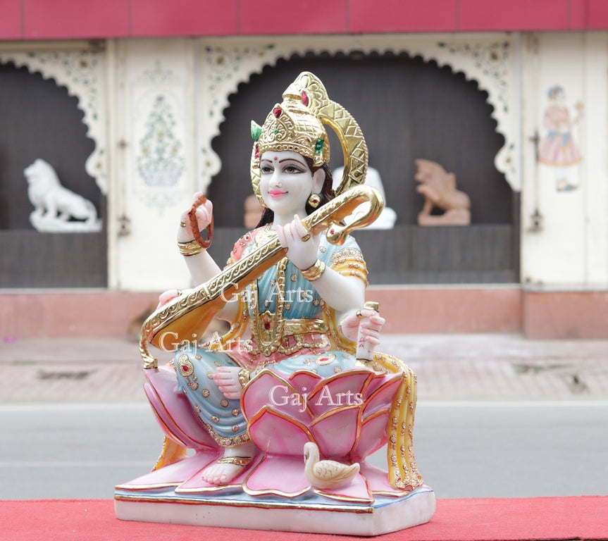 White Marble Saraswati Mata Idol | 24 Inch
