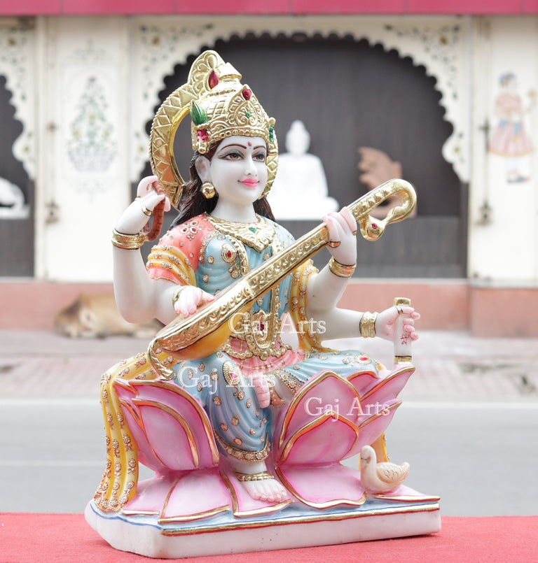 White Marble Saraswati Mata Idol | 24 Inch