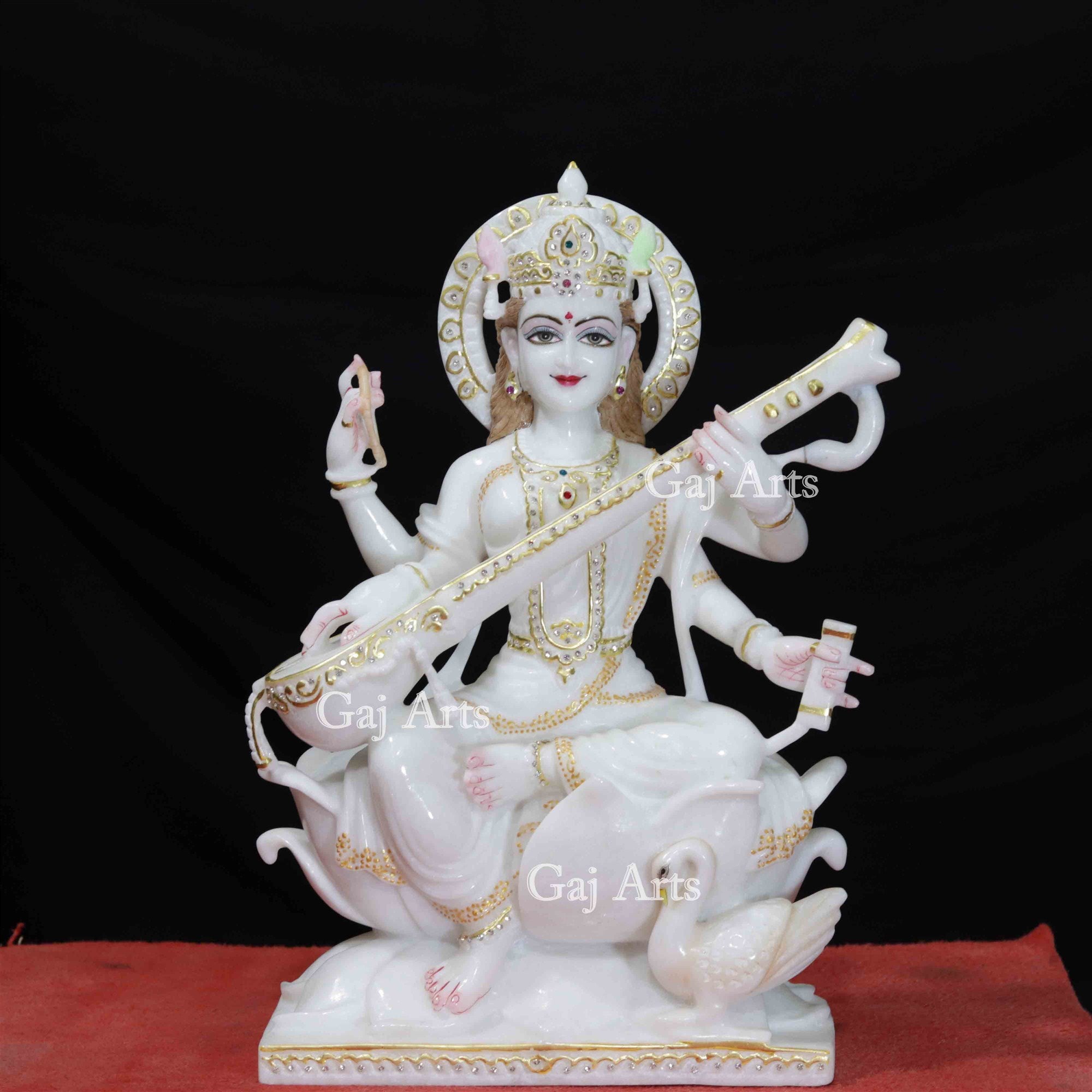 White Marble Saraswati Idol | 18 Inch
