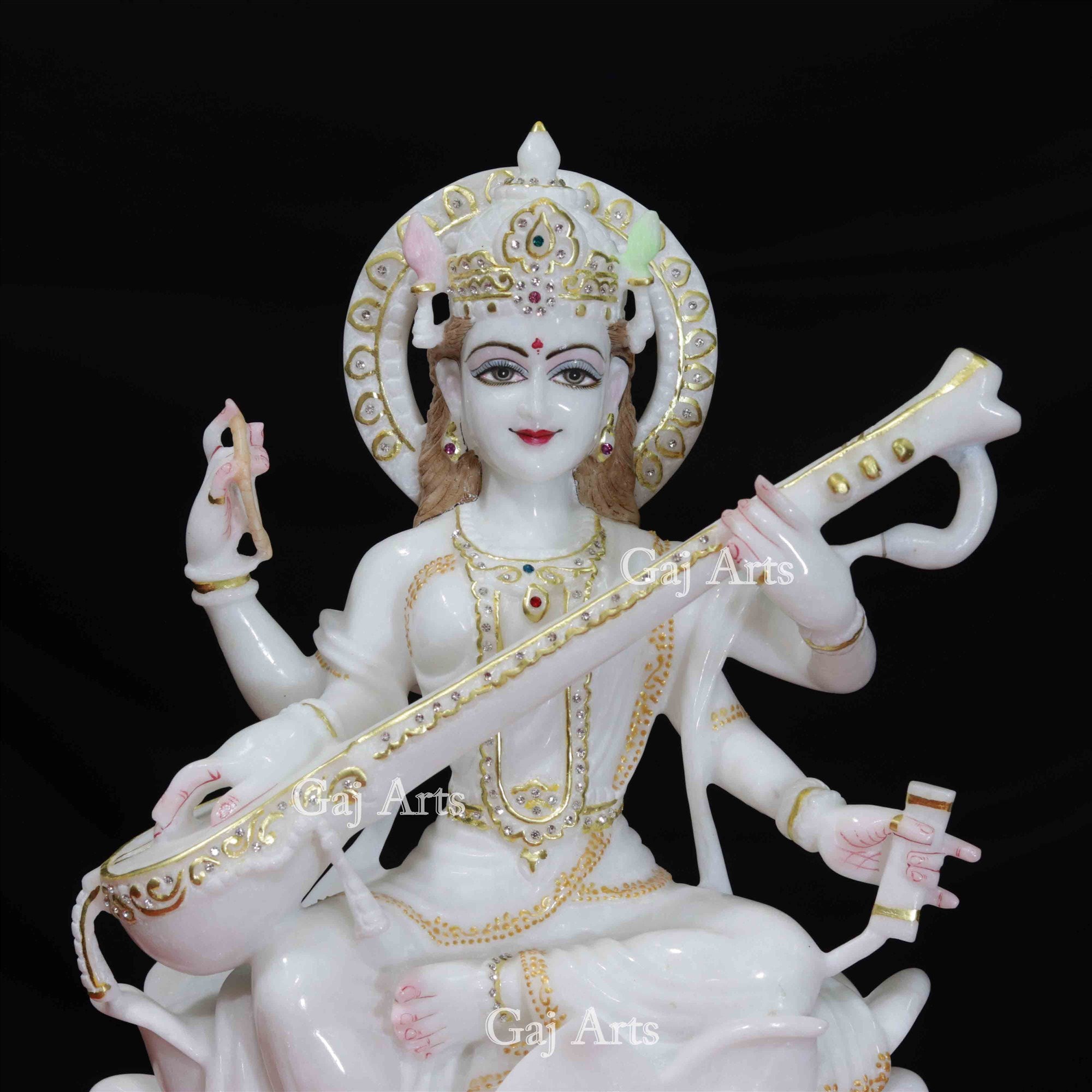 White Marble Saraswati Idol | 18 Inch