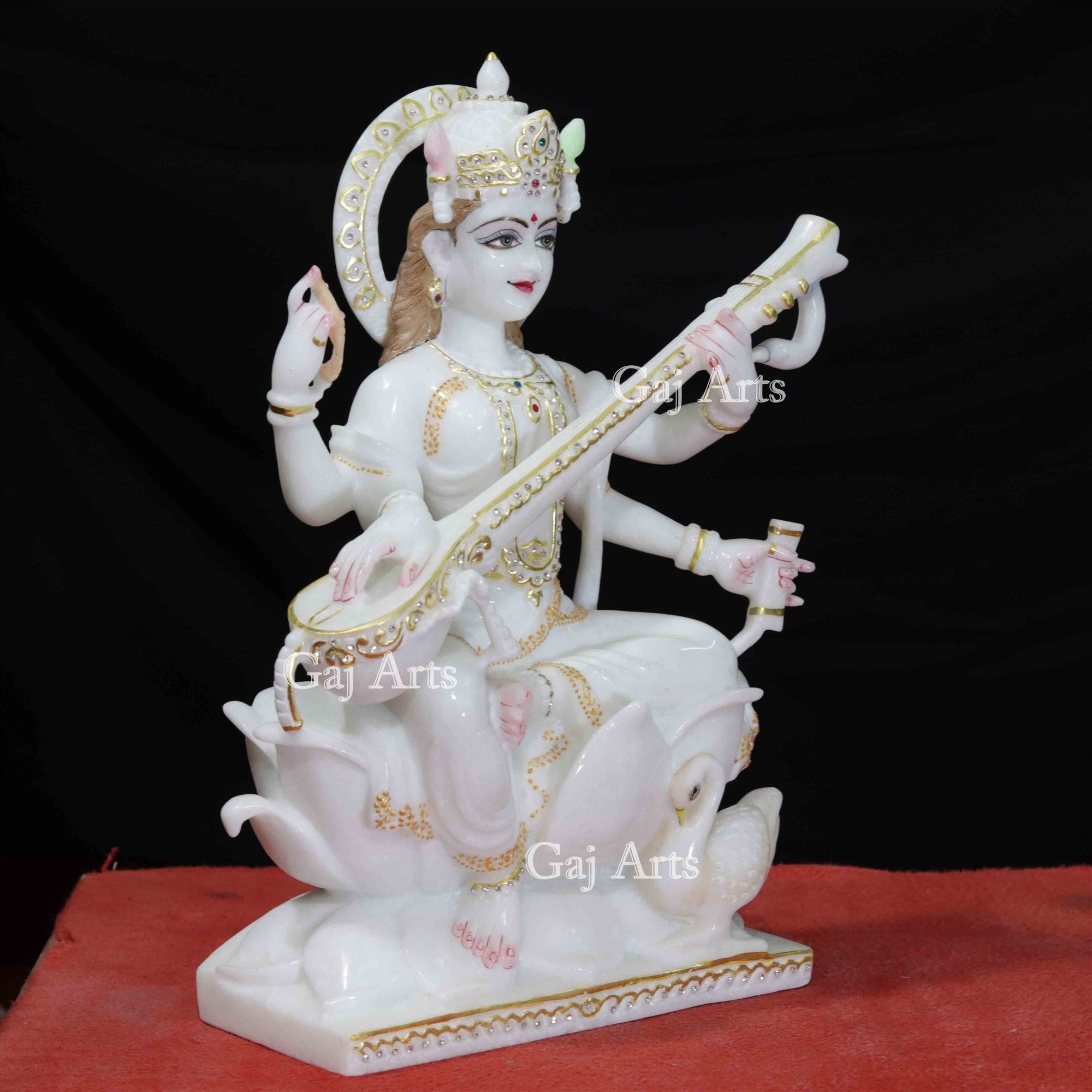 White Marble Saraswati Idol | 18 Inch