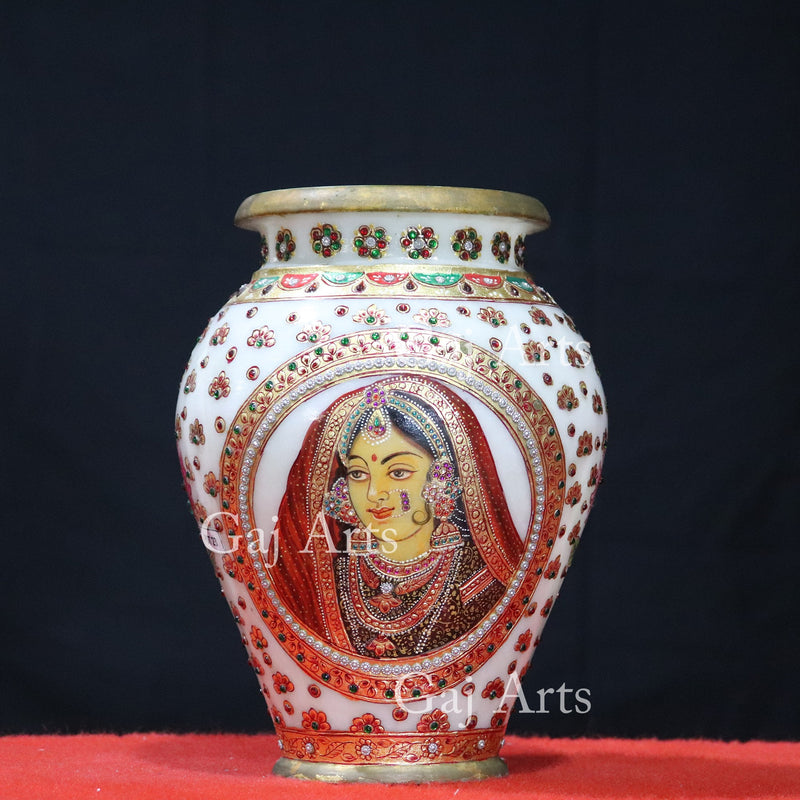 Rajasthani Figure Design Marble Vase 14”