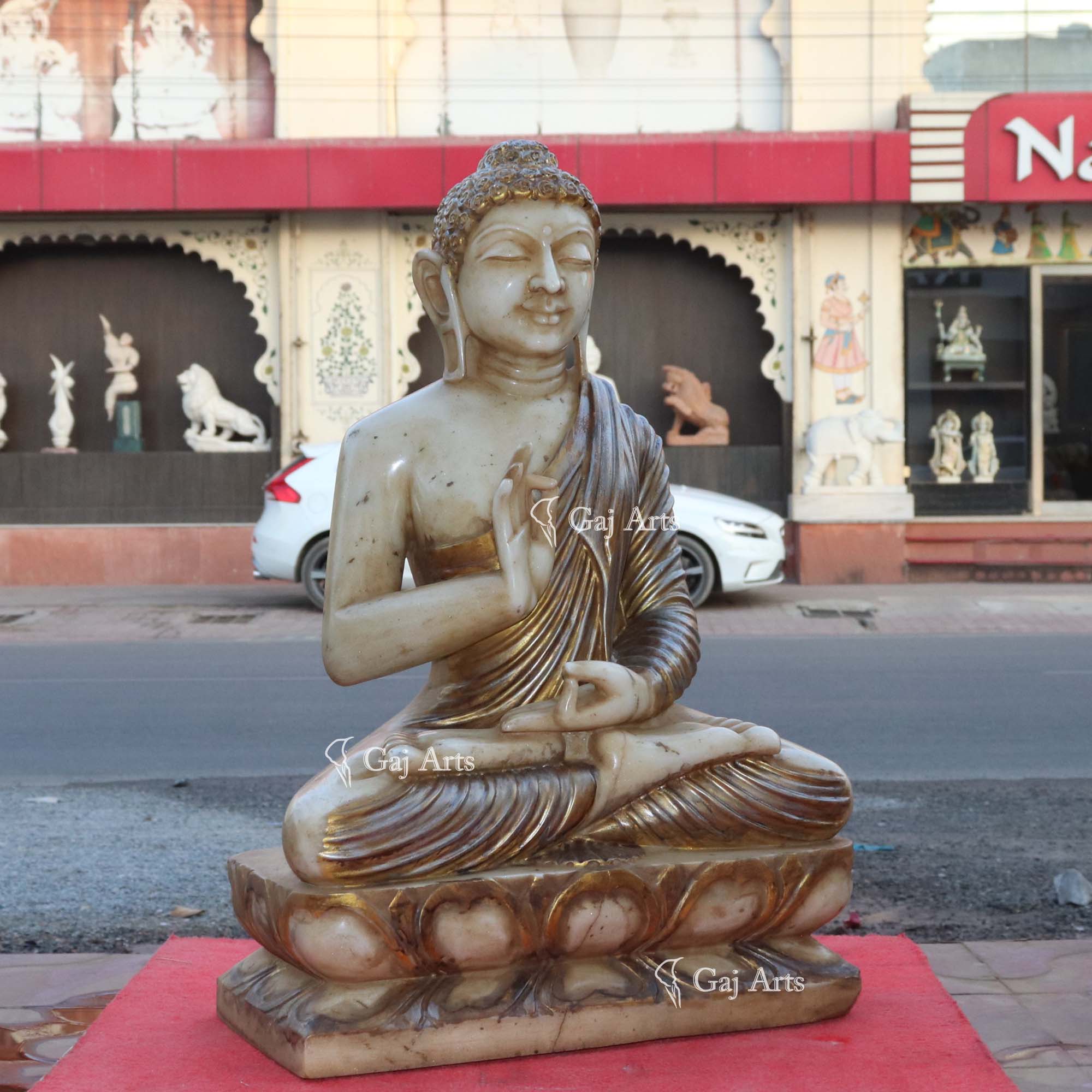 Off White Marble Sitting Buddha Statue | 24 Inch